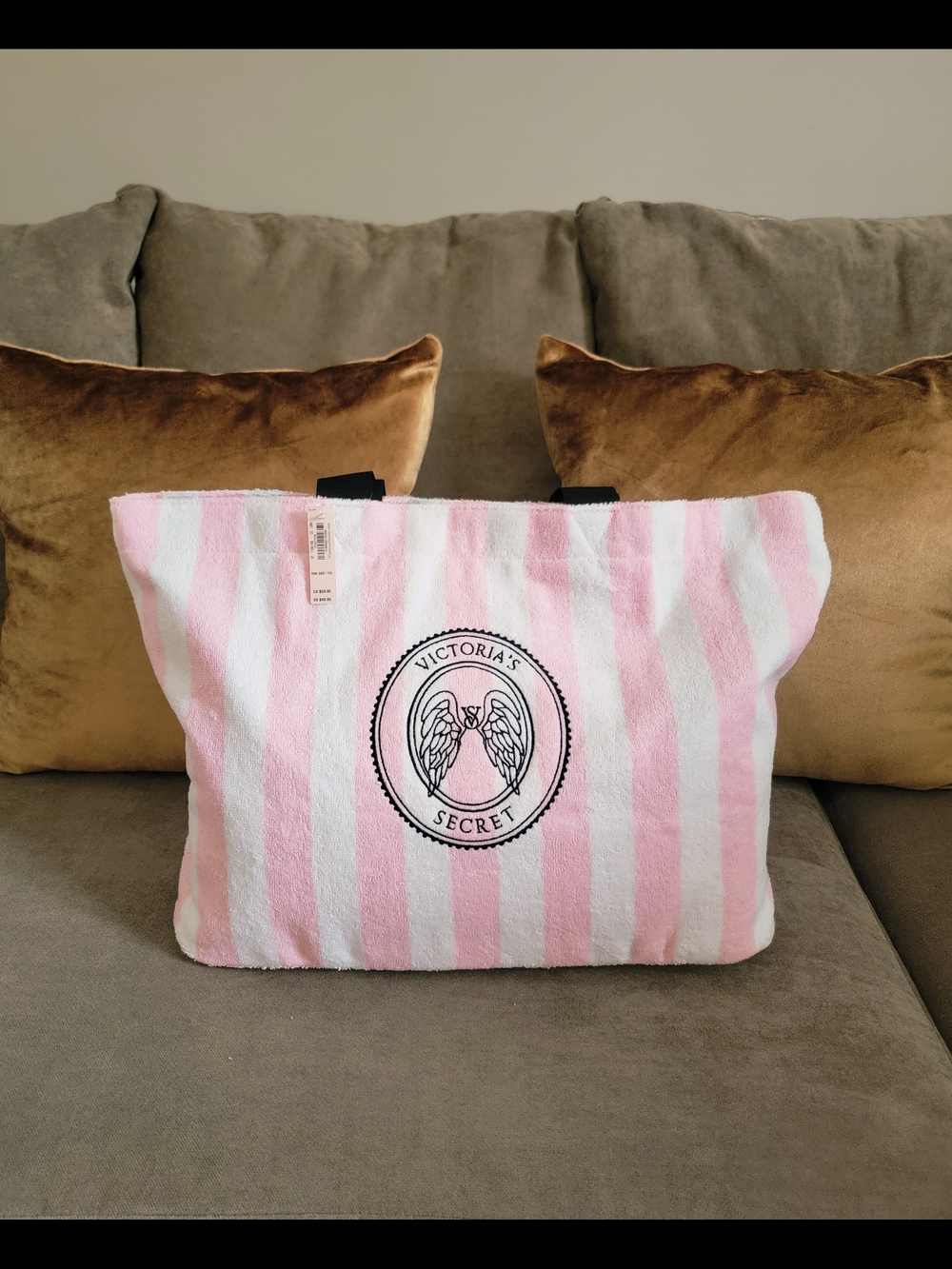 Victoria's Secret NWT Pink Stripe Terry Cloth Angel Wings Beach Tote Bag Large